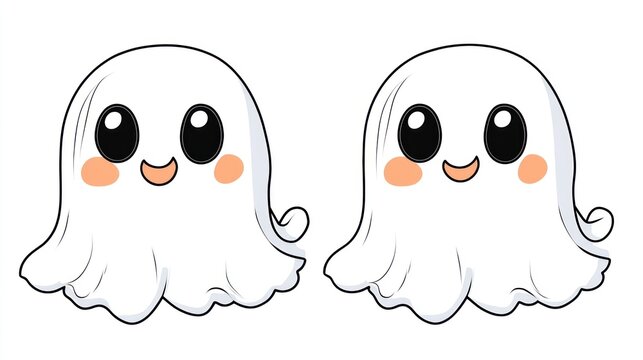 Two cute cartoon ghosts, Halloween, white background, children's illustration