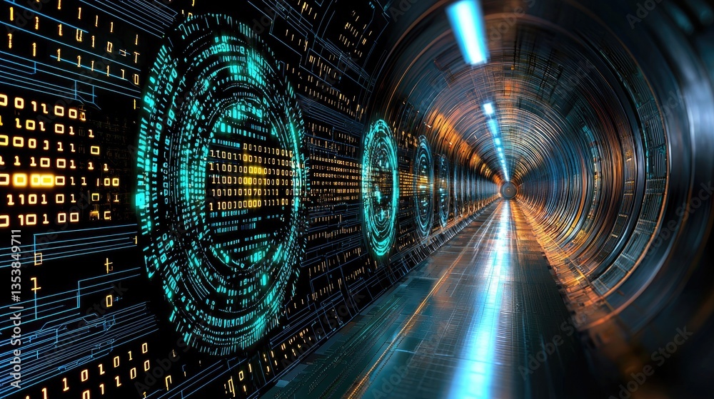Poster modern circuit board background with detailed microelectronics and flowing digital data.