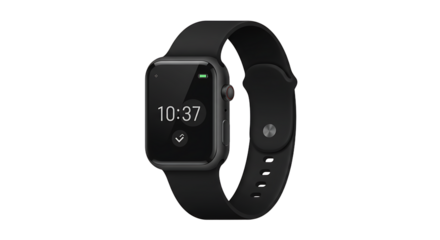 Close up of black smartwatch showing time isolated on white background