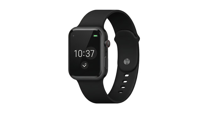 Close up of black smartwatch showing time isolated on white background