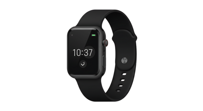 Close up of black smartwatch showing time isolated on white background