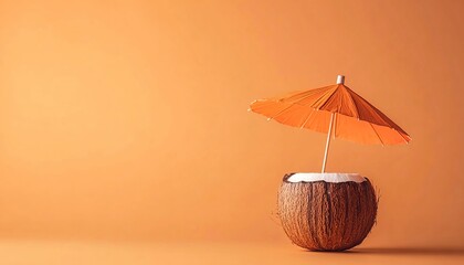 Tropical Beach Concept Coconut Sun Umbrella Summer Pastel Orange Copy Space