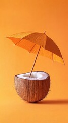 Tropical Beach Concept Coconut Sun Umbrella Summer Pastel Orange Copy Space