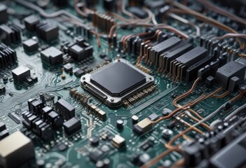 Circuit board with complex network of wires and microchips, cables, digital components
