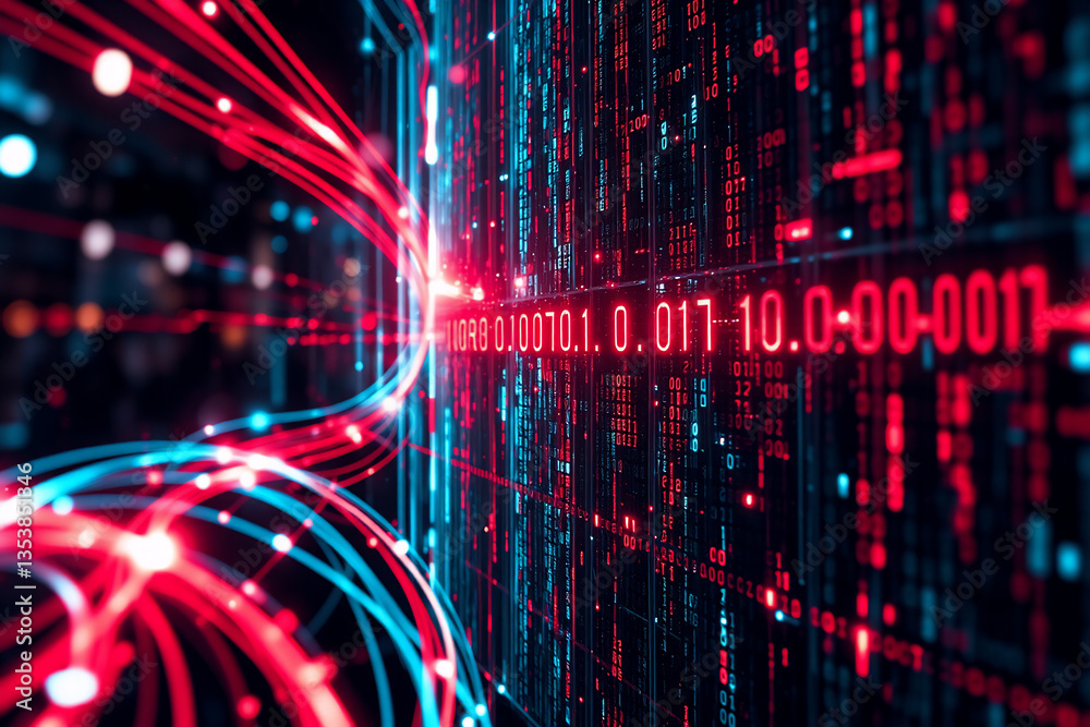 Poster abstract digital data streams flow in red and blue hues against a dark backdrop, representing comple