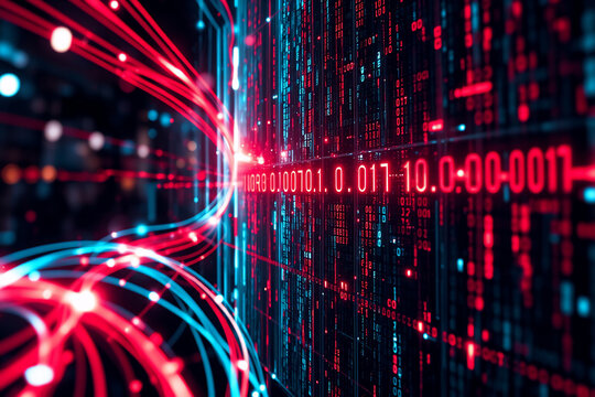 Abstract digital data streams flow in red and blue hues against a dark backdrop, representing complex information processing and futuristic technology.