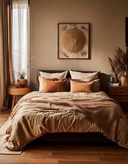 A plush, dreamy bed featuring cocoa brown bedding and soft taupe-toned linen layers
