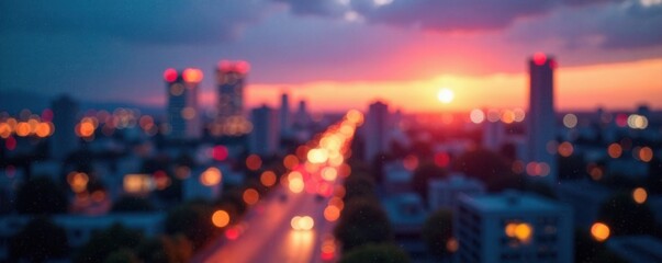 Fototapeta premium Cityscape at dusk with abstract circular lights blur, blur, glowing