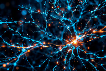 Fototapeta premium Abstract glowing network of blue and orange lines branching like neurons. Interconnected, dynamic and vibrant energy flow visual representation.