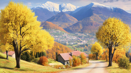 Obraz premium Autumn Italian rural landscape in retro style; Panorama of autumn field with dirt road and cloudy sky 