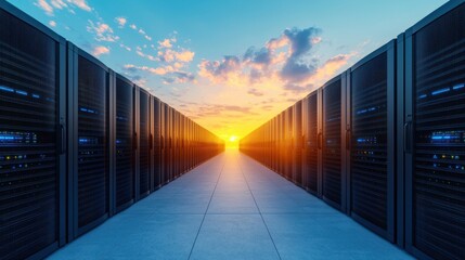 Dramatic Sunset Over Data Center Aisle with Server Racks and Lights