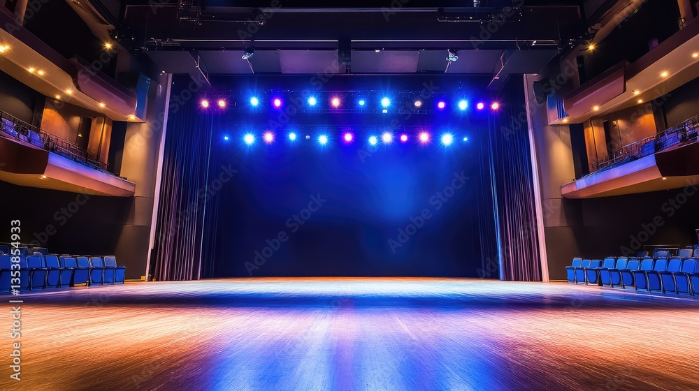 Poster bright stage lights arranged in a symmetrical pattern, casting a colorful glow on an empty stage wit