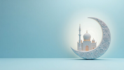 islamic background with crescent moon and mosque, for ramadan kareem, iftar, miraj, eid al fitr, eid al adha with copy space, festive invitation