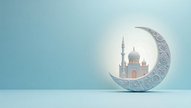islamic background with crescent moon and mosque, for ramadan kareem, iftar, miraj, eid al fitr, eid al adha with copy space, festive invitation