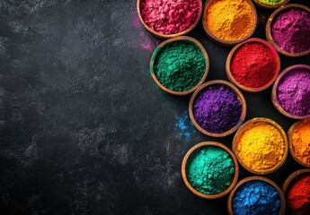 Vibrant Holi Colors in Bowls on Dark Background for Celebrations, Festivals, and Artistic Uses, Showcasing Bright Shades of Pigment Powders