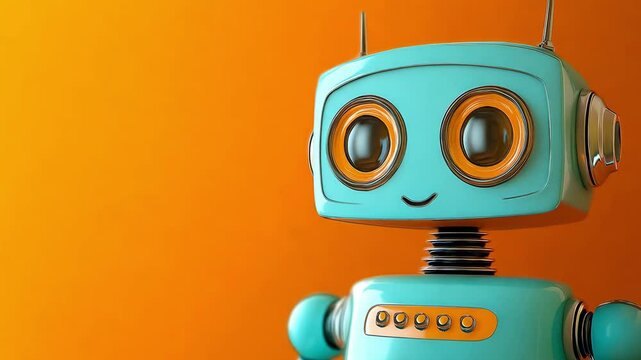 A colorful retro robot showcases its design with a smile while standing in front of an orange wall