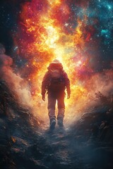 Obraz premium Hiker walks towards a bright nebula, light shining behind them on a rock path