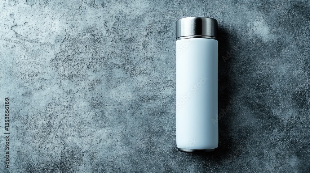Poster reusable vacuum-insulated flask with a smooth matte finish, placed on a gray stone background. moder