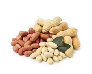 Pile of different peanuts and leaves isolated on white