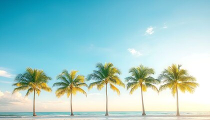 Tropical Beach Sunrise for Palm Trees Row.