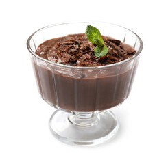 Tasty chocolate pudding with mint isolated on white