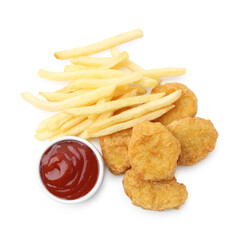Naklejka premium Tasty chicken nuggets and french fries with sauce isolated on white, top view