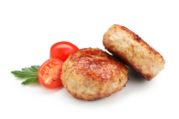 Delicious patties with cherry tomatoes and parsley isolated on white