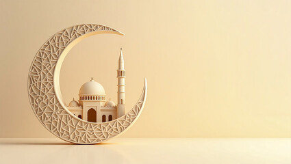 islamic background with crescent moon and mosque, for ramadan kareem, iftar, miraj, eid al fitr, eid al adha with copy space, festive invitation