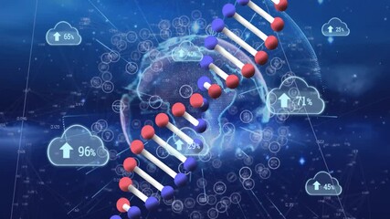 Animation of DNA strand with cloud data icons over digital globe connections - Powered by Adobe