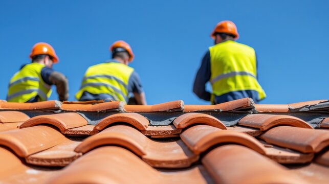 Restoration of ancient churches Concept, Restorers Replacing Damaged Roof Tiles on Historic Building Under Clear Blue Sky with Workers in Safety Gear
