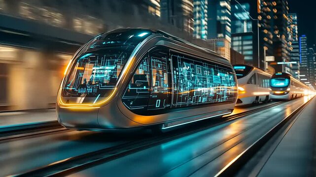 Futuristic Electric Tram Passing Through City at Night with Lights