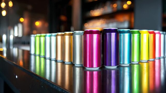 Colorful beverage cans with metallic designs are neatly arranged on a bar, glowing softly in the background at a social event