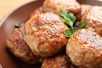 Delicious patties with parsley on plate, closeup