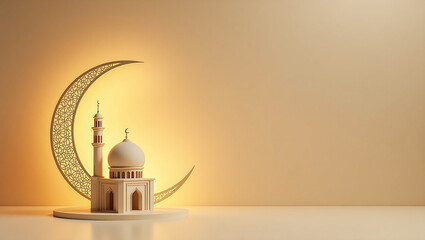 islamic background with crescent moon and mosque, for ramadan kareem, iftar, miraj, eid al fitr, eid al adha with copy space, festive invitation