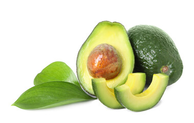 Whole and cut avocados isolated on white