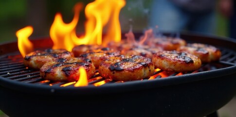 Close-up black BBQ grill with flames, outdoor, fire