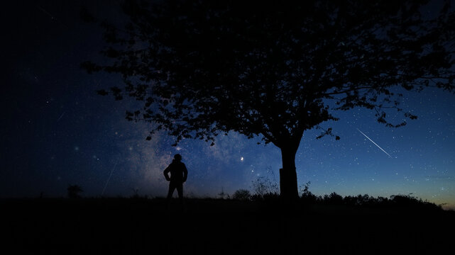 Silhouette of a man and countryside under the stars and Moonligh