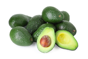 Many whole and cut avocados isolated on white