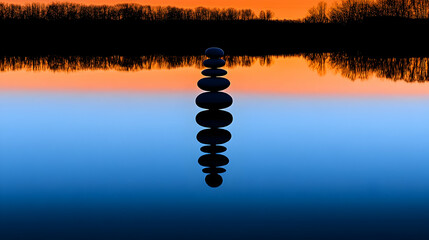 Obraz premium balance stack of zen stones on beach during an emotional and peaceful sunset,