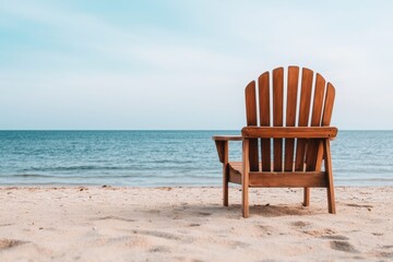 Wooden Chair on Sandy Beach Overlooking Calm Ocean Waters