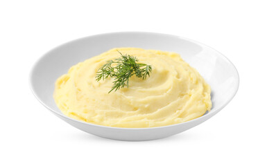 Tasty mashed potato with dill in bowl isolated on white