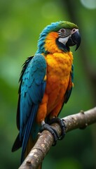 Fototapeta premium Close-up of a bird perched on a tree branch, birds, leaves