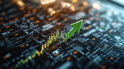 Vibrant green upward-pointing arrow soa above complex circuit board background showcasing fluctuating orange and green bar graphs representing growth.