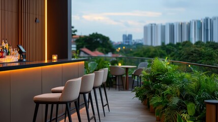 Obraz premium Rooftop bar at a high-rise hotel Concept, Rooftop Bar Surrounded by Lush Greenery Overlooking a Vibrant City Skyline at Dusk