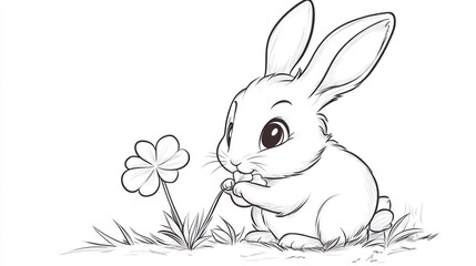Fototapeta premium Adorable bunny rabbit looking at a clover