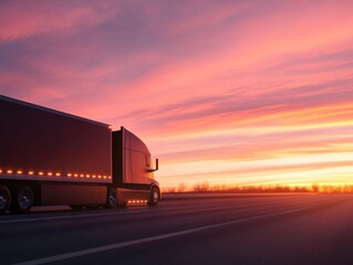 Truck driving on highway at sunset