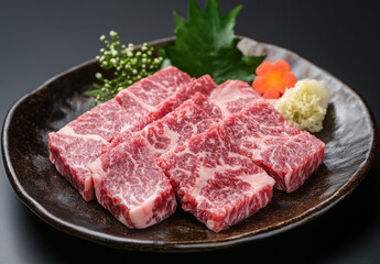 Kanazawa beef, cut into pieces and placed on the plate in the Japanese style, with rich marbling that gives it an attractive appearance