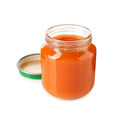 Baby food. Tasty puree in glass jar isolated on white