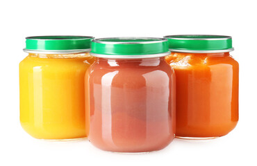 Baby food. Tasty puree in glass jars isolated on white