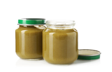 Baby food. Tasty puree in glass jars isolated on white